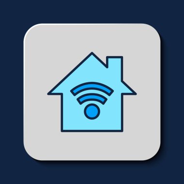 Outline Smart evindeki kablosuz ağ ikonu mavi arka planda izole edildi. Uzaktan kumanda. Vektör