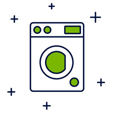 Beyaz arkaplanda izole edilmiş ana hatlı çamaşır makinesi simgesi. Çamaşır makinesi simgesi. Çamaşır makinesi, çamaşır makinesi. Ev aletleri sembolü. Vektör