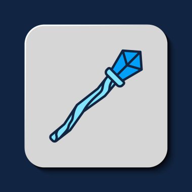 Doldurulmuş Sihirli asa simgesi mavi arkaplanda izole edildi. Sihirli değnek, asa, değnek, değnek. Vektör