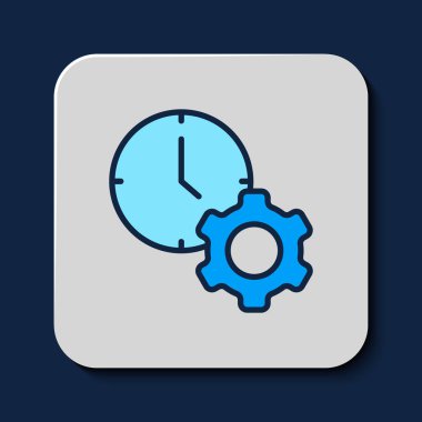 Doldurulmuş zaman yönetimi simgesi mavi arkaplanda izole edildi. Saat ve vites tabelası. Üretkenlik sembolü. Vektör
