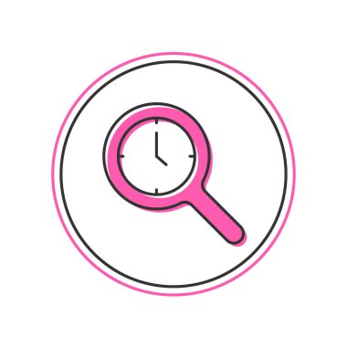 Beyaz arkaplanda izole edilmiş saat simgesiyle ana hatlarıyla büyüteç doldurulmuş. Saat araması. Vektör