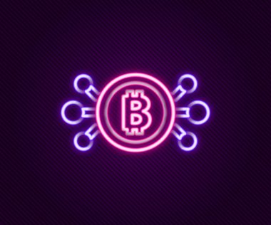 Parlak neon hattı Cryptocurrency bitcoin siyah arkaplanda izole edilmiş mikroçip devre ikonu ile daire içinde. Engelleme teknolojisi, dijital para piyasası. Renkli taslak konsepti. Vektör