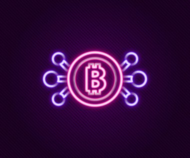 Parlak neon hattı Cryptocurrency bitcoin siyah arkaplanda izole edilmiş mikroçip devre ikonu ile daire içinde. Engelleme teknolojisi, dijital para piyasası. Renkli taslak konsepti. Vektör
