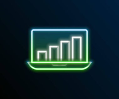 Grafik çizelgesi simgesi siyah arkaplanda izole edilmiş parlak neon hattı dizüstü bilgisayarı. Metin dosya simgesini rapor et. Muhasebe tabelası. Denetim, analiz, planlama. Renkli taslak konsepti. Vektör