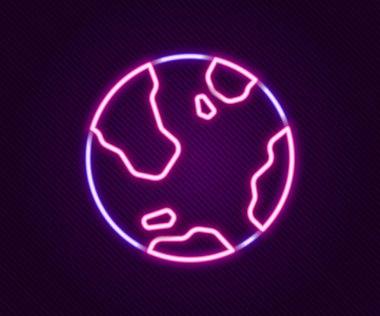 Parlayan neon çizgisi Dünya ikonu siyah arka planda izole edildi. Dünya ya da Dünya işareti. Küresel internet sembolü. Geometrik şekiller. Renkli taslak konsepti. Vektör