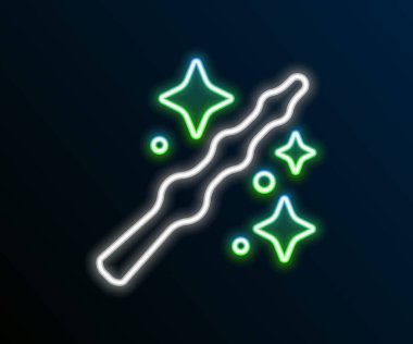 Parlayan neon hattı sihirli değnek simgesi siyah arkaplanda izole edildi. Yıldız şeklinde sihirli aksesuar. Sihirli güç. Mutlu Cadılar Bayramı Partisi. Renkli taslak konsepti. Vektör