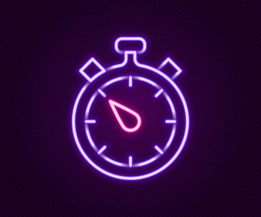 Parlayan neon hattı Stopwatch simgesi siyah arkaplanda izole edildi. Zaman göstergesi. Kronometre işareti. Renkli taslak konsepti. Vektör