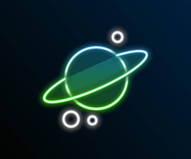 Gezegen Satürn 'ün parlak neon çizgisi. Gezegen halkası simgesi siyah arkaplanda izole edilmiş. Renkli taslak konsepti. Vektör