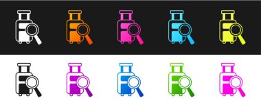 Siyah beyaz arkaplanda kayıp bagaj simgesini bulma servisini ayarlayın. Bagajları arayın. Vektör