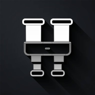 Siyah arkaplanda gümüş dürbün simgesi izole edildi. Yazılım işareti bul. Casus ekipman sembolü. Uzun gölge tarzı. Vektör