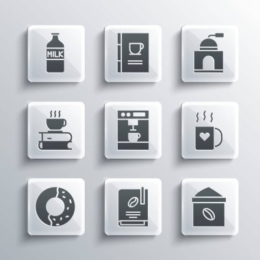 Kahve kitabı, kahve çekirdekleri, kahve fincanı ve kalp, makine, tatlı jöleli çörek, şişe sütü ve manuel öğütücü ikonu. Vektör