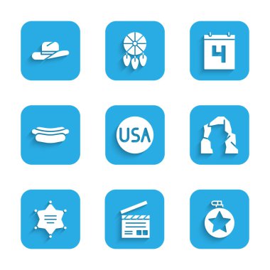 ABD etiketi, Movie clapper, Canteen su şişesi, Grand Canyon, Hexagram şerifi, Hotdog sandviçi, 4 Temmuz tarihli takvim ve Batılı kovboy şapkası ikonu. Vektör