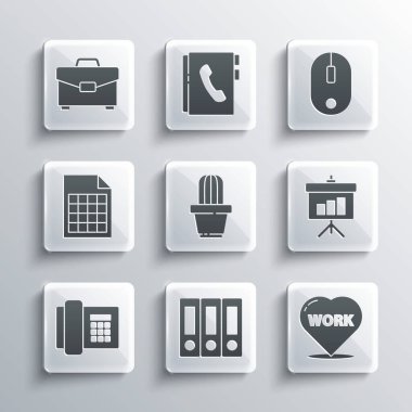 Ofis klasörlerini ayarla, Metin Çalışmalı Kalp, Chalkboard diyagramı, Kaktüs ve esrar, Telefon, Dosya Belgesi, Çanta ve Bilgisayar faresi simgesinde sulu. Vektör