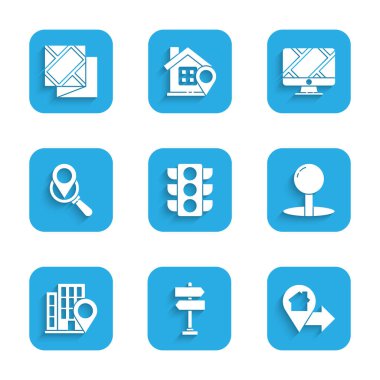 Trafik ışığını, trafik işaretini, evi, pimi, arama yerini, monitör işaretleyicisini ve katlanmış harita simgesini ayarla. Vektör