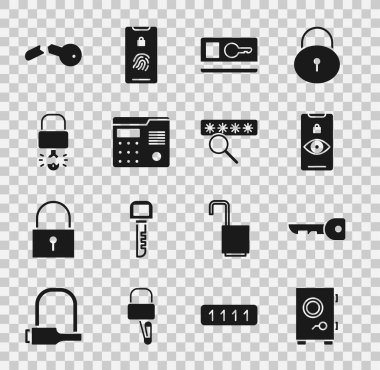 Güvenli, Anahtar, Göz taraması, kart, ev içi iletişim sistemi, asma kilit, bozuk anahtar ve şifre koruma ikonu. Vektör