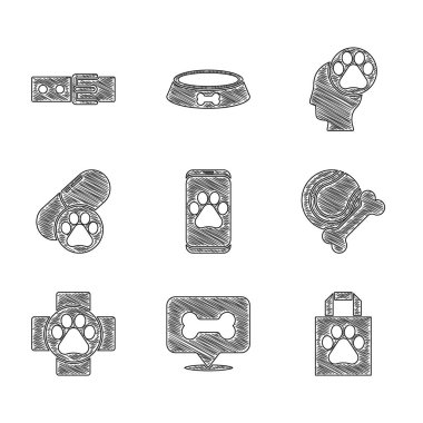 Veteriner kliniği, köpek kemiği, alışveriş torbası evcil hayvan, oyuncak lastik ve top, hap, hayvan ayak izli insan ve yaka etiketi ikonu. Vektör