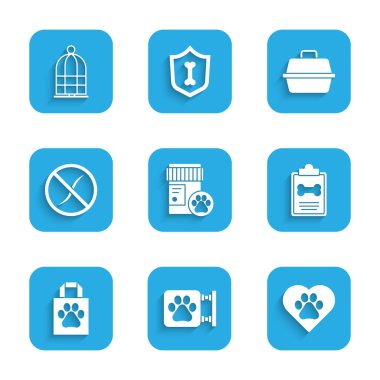 Köpek ilacı şişesi, veteriner kliniği, hayvan ayakizli kalp, klinik kayıt hayvanı, alışveriş torbası, parazit ilacı, hayvan taşıma çantası ve kuş ikonu için kafes. Vektör