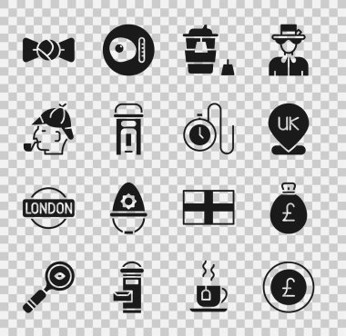 Para çantasını, para çantasını, İngiltere 'nin yerini, kahve fincanını, Londra telefon kulübesini, Sherlock Holmes' u, papyon ve saat zinciri ikonunu ayarlayın. Vektör