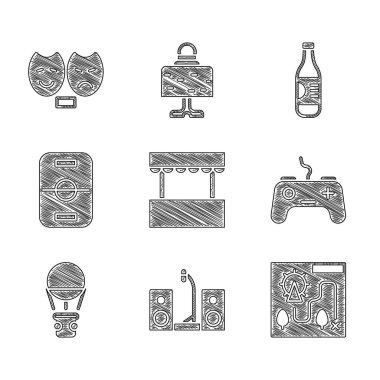 Bilet gişesi, iki hoparlörlü ev teybi, lunapark haritası, av pisti, sıcak hava balonu, hokey masası, şişe su ve komedi ve trajedi maskesi ikonu. Vektör