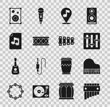 Pan flütü, Grand piano, Sound mixer denetleyici, Location müzik notası, Drum, müzik kitabı, Stereo hoparlör ve Xylophone simgesi. Vektör