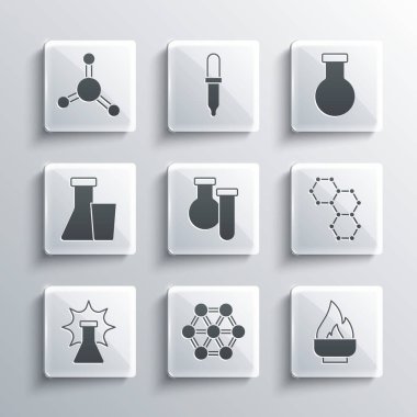 Molekül, alkol veya ruh yakıcı, kimyasal formül, tüp ve matara, patlama ve ikon ayarlayın. Vektör