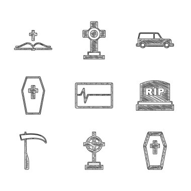 Beat 'i monitörde, Grave with Cross, Coffin, Tombstone RIP yazıları, Scythe, Cenaze Arabası ve İncil ikonu. Vektör