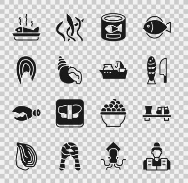 Balıkçı seti, kesme tahtasında suşi, dilimlenmiş parçalar, konserve balık, deniz tarağı, biftek, servis edilmiş tabak ve balıkçı teknesi ikonu. Vektör