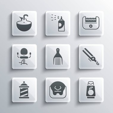 Bıyık ve sakal, şampuan şişesi, saç maşası, saç maşası, berber dükkanı direği, berber koltuğu, çamaşır leğeni ve elektrikli kırpıcı ikonu. Vektör