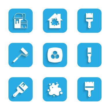 RGB ve CMYK renk karıştırma, boya spreyi, fırça, silindir ve kovayı ikon ile ayarla. Vektör