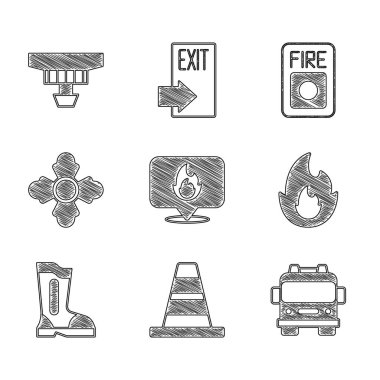 Konumu yangın, trafik konisi, itfaiye aracı, bot, itfaiyeci, alarm sistemi ve duman ikonu ile ayarlayın. Vektör