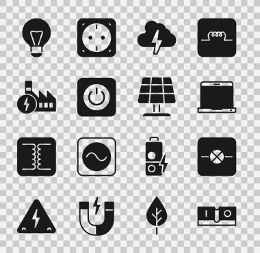 Elektrik düğmesi, elektronik devrede lamba, dizüstü bilgisayar, bulut ve şimşek, güç düğmesi, nükleer güç santrali, yaratıcı lamba fikri ve güneş enerjisi simgesi. Vektör