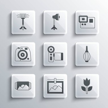 Fotoğraf çerçevesi, mod makrosu, toz üfleyici, sinema kamerası, Stüdyo ampul softbox ve Action ekstrem simgesini ayarla. Vektör