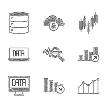 Arama veri analizini, Finansal büyüme azaltımını, Pasta grafiği bilgisini, Data, Tarayıcıyı hisse senedi piyasası ve sunucu simgesiyle ayarla. Vektör