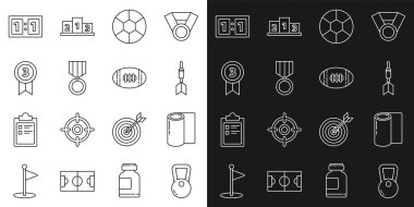 Kettlebell, Fitness mat roll, Dart Arrow, Football, Medal, Sport mekanik skor tabelası ve Amerikan ikonu. Vektör