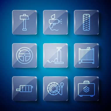 Çizgi araba susturucusu, lastik basıncı göstergesi, alet çantası, tekerlek, hava pompası, direksiyon, çekiç ve radyatör soğutma sistemi ikonu. Vektör