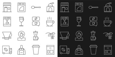 Kahve çekirdeği torbası, kahve çekirdeği, dal, kaşık, İrlandalı, makine, dükkan ve sohbet ikonu. Vektör