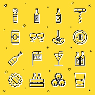 Bir bardak votka, şişe şarabı, alkol 18 'den fazla, bira şişesi, konyak veya konyak, konserve, salatalık turşusu ve çatal simgesi. Vektör