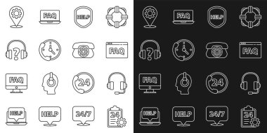 Satır Kontrol Listesini 24 saat hizmet, Kulaklıklar, Tarayıcı SSS, Kalkan metin yardımı, telefon desteği, yer ekipmanı ve simgesi ile ayarla. Vektör