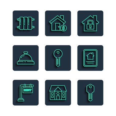 Rent, House, anahtar, koruma altında, otel servis zili, ısıtma radyatörü ve çevrimiçi emlak evi ikonu ile hat asma tabelasını ayarla. Vektör