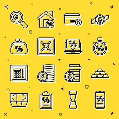 Yüzde indirimi ve cep telefonu, altın külçeleri, Kronometre, Kredi kartı ekstreleri, Kasa, Çanta parası, Büyüteç Avro ve dizüstü bilgisayar ikonu. Vektör