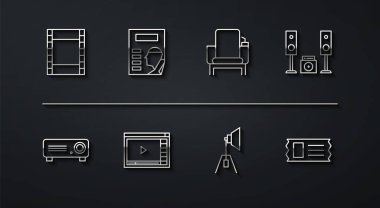 Play Video, Film, Film, Medya Projektörü, İki hoparlörlü ev teybi, spot ışığı, Online oyun videosu, Sinema posteri, bilet ve sandalye ikonu. Vektör
