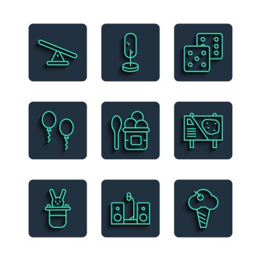 Sihirbaz şapkası ve tavşanı, iki hoparlörlü ev teybi waffle külahında dondurma, zar oyunu, kase, balon, tahterevalli ve lunapark reklam panosu ikonu. Vektör