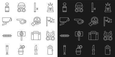 Polis saldırı kalkanı, gaz maskesi, konum işareti, lastik sopa, ıslık, güvenlik kamerası, el bombası ve barış simgesi. Vektör