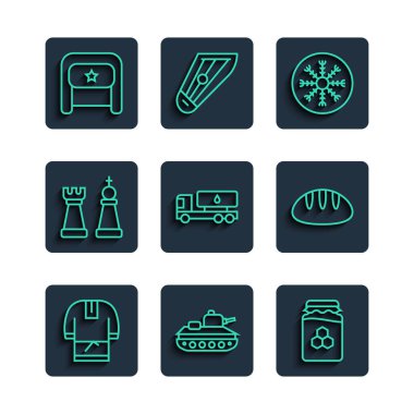 Sabit hat Kosovorotka, Askeri tank, bal kavanozu, kar tanesi, tanker kamyonu, Chess, Ushanka ve ekmek somunu ikonu. Vektör