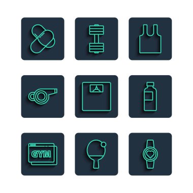 Set line fitness ve antrenman, raket topu, kolsuz tişört, banyo terazisi, ıslık, spor beslenme ve spor sallama ikonu. Vektör