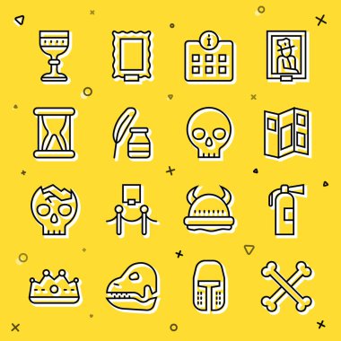 Çizgiyi aşan insan kemikleri, yangın söndürücü, müze rehberi broşürü, bilgi, tüy ve mürekkep, kum kaplı eski kum saati, ortaçağ bardağı ve insan kafatası ikonu. Vektör