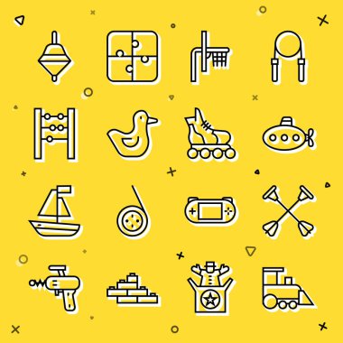 Çizgi Oyuncak Treni, Enayi uçlu Ok, Denizaltı oyuncağı, Basketbol sedyesi, Lastik Ördek, Abacus, Whirligig ve Paten ikonu. Vektör