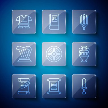 Hüküm, parşömen, parşömen, parşömen, ortaçağ kılıcı, Neptune Mızrağı, Eski tahta tekerlek, Harp, vücut zırhı ve Antik amfora simgesi. Vektör