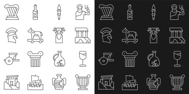 Antik Lir, Şarap Camı, Parthenon, Meşale Alevi, Truva Atı, Yunan miğferi, Harp ve Medusa Gorgon ikonu. Vektör