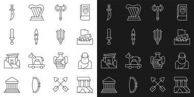 Parthenon, Socrates, Greek trireme, Ortaçağ baltası, Meşale alevi, kılıç, Hançer ve Neptün mızrak ikonu. Vektör